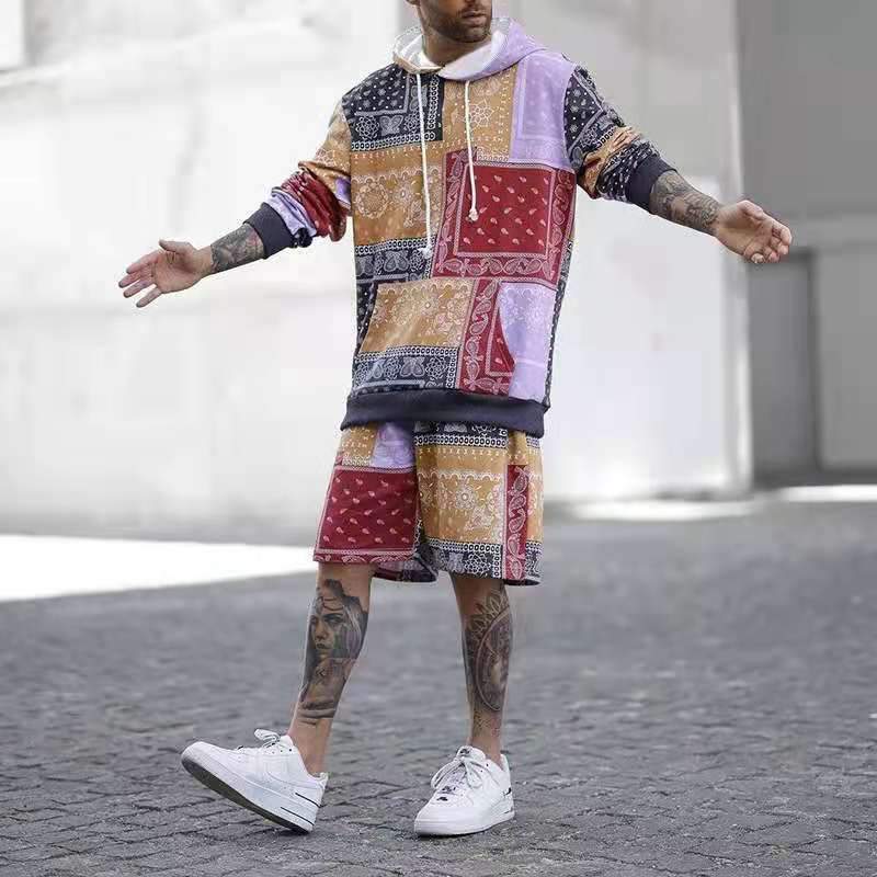 Tracksuit Men Fashion Hoodies Men Suits Printed Men Shorts Sleeve Shirts & Tops+Sweatpants Short Summer Hooded 2 Pieces Set