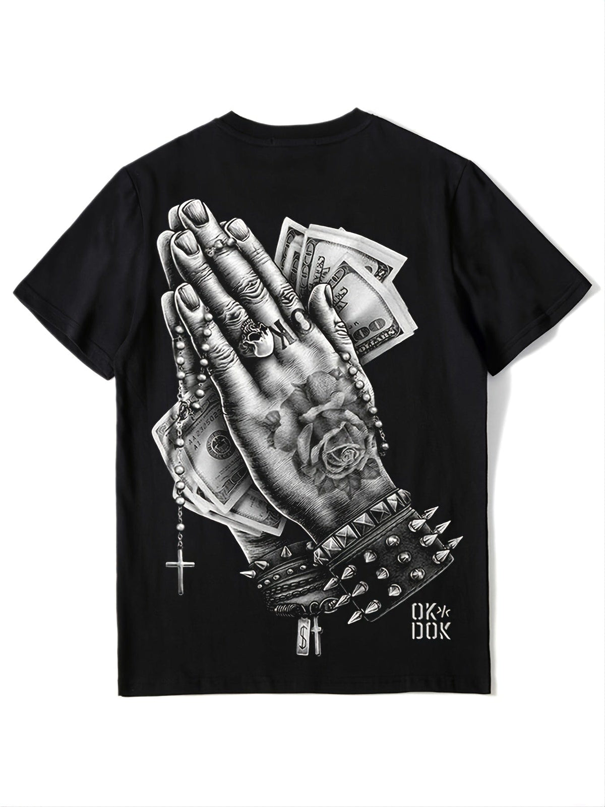 Neu: lässiges, locker geschnittenes, modisches Herren-T-Shirt im Hiphop-Stil, schwarz, Rundhalsausschnitt, Aufdruck mit betenden Händen, kurze Ärmel, Weihnachtsgeschenke