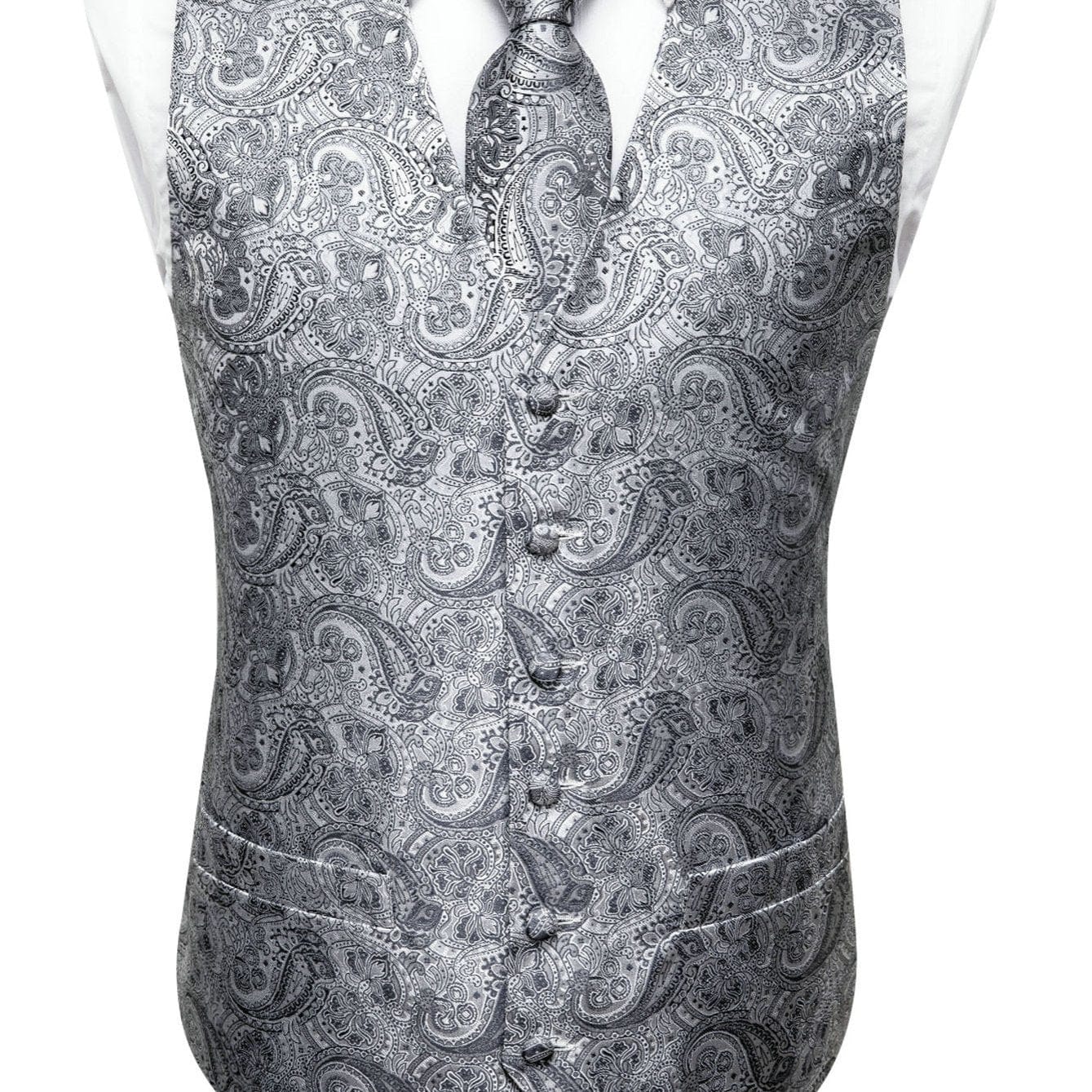 Men's Gray Paisley V-neck Suit Vest And Tie Set For Wedding Party Christmas Gifts