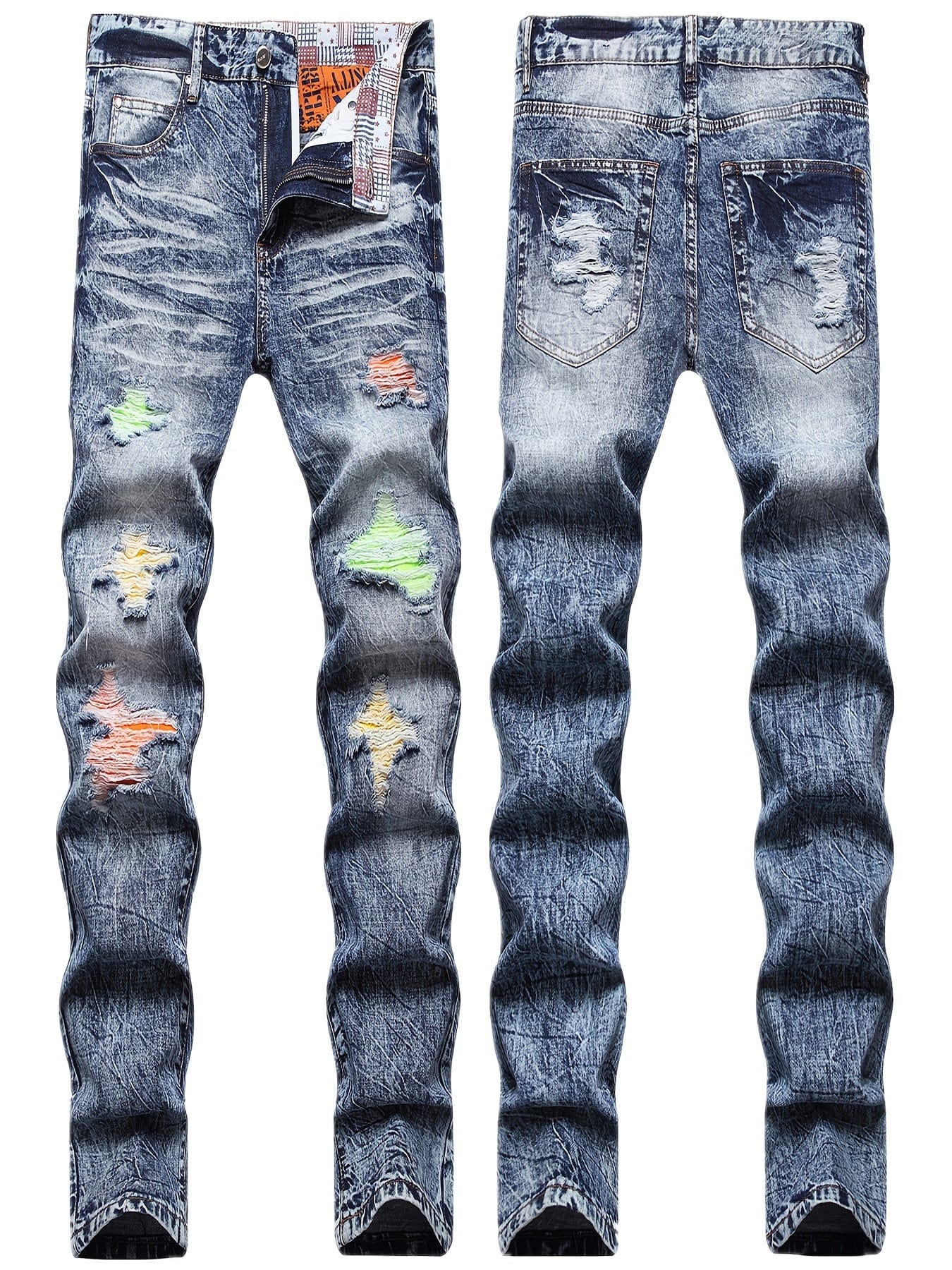 Men's Ripped Patched Jeans, Winter Casual Colorblock Slim Fit Straight Cotton Jeans