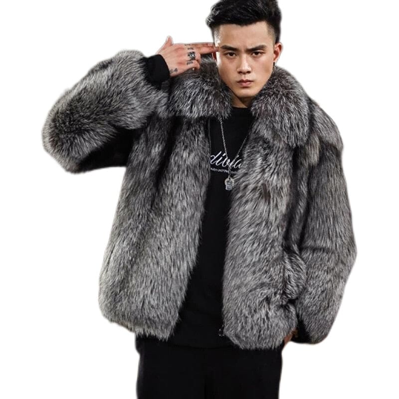 Men's Black Faux Fox Fur Winter Warm Coat Jacket