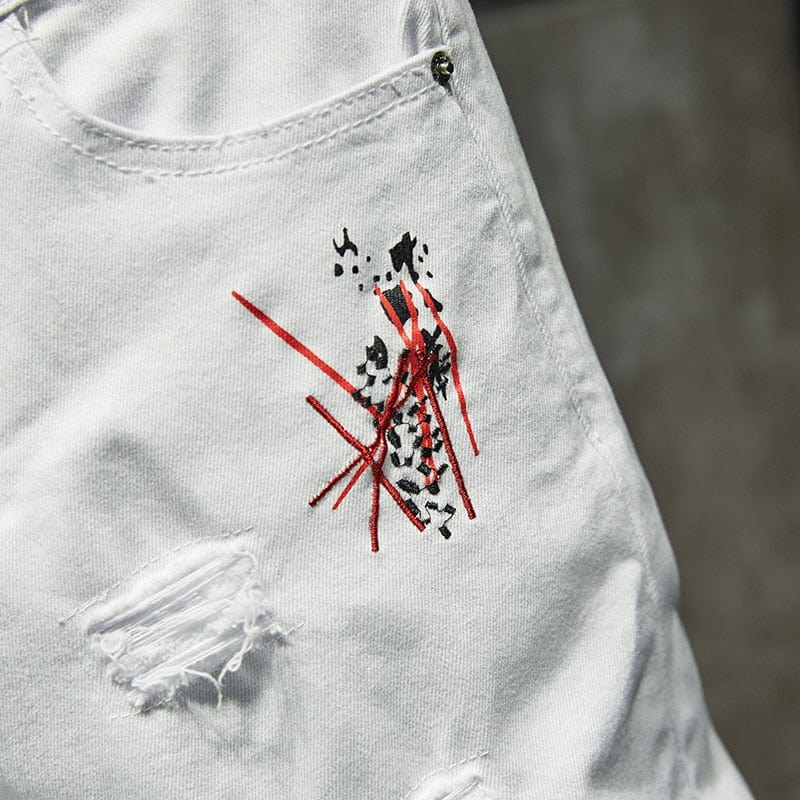 Men's Embroidered Letter Skinny Ripped Zipper Denim Jeans