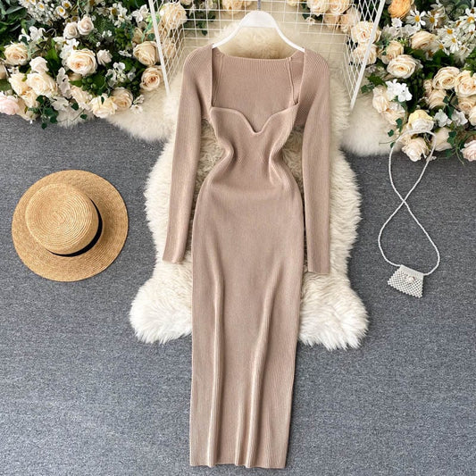Croysier Dresses For Women 2021 Sexy Strapless Ribbed Knitted Bodycon Dress Women Winter Long Sleeve Midi Sweater Dress Clothes