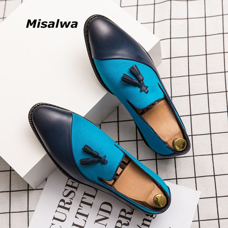 Misalwa Men's Flats Tassel British Men Oxford Leather Shoes Blue Black Pointy Elegant Wedding Party Dress Loafer Fashion Formal