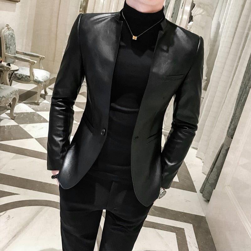 Men's Black Slim Fit PU Leather One-Button Blazer Prom Coat