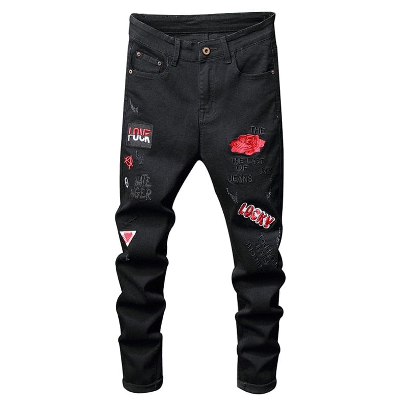 Men's Red Floral Embroidery Stretch Black Jeans