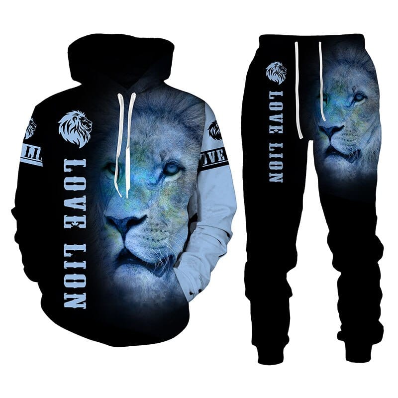 3D animal Lion Print Hoodie + Pants Two Piece Set Tracksuit Men Hooded Sweatshirts Autumn and Winter Men's Clothing Suit