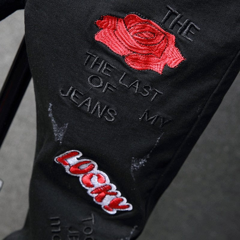 Men's Red Floral Embroidery Stretch Black Jeans