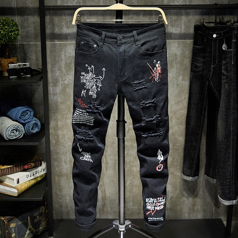 Men's Embroidered Letter Skinny Ripped Zipper Denim Jeans