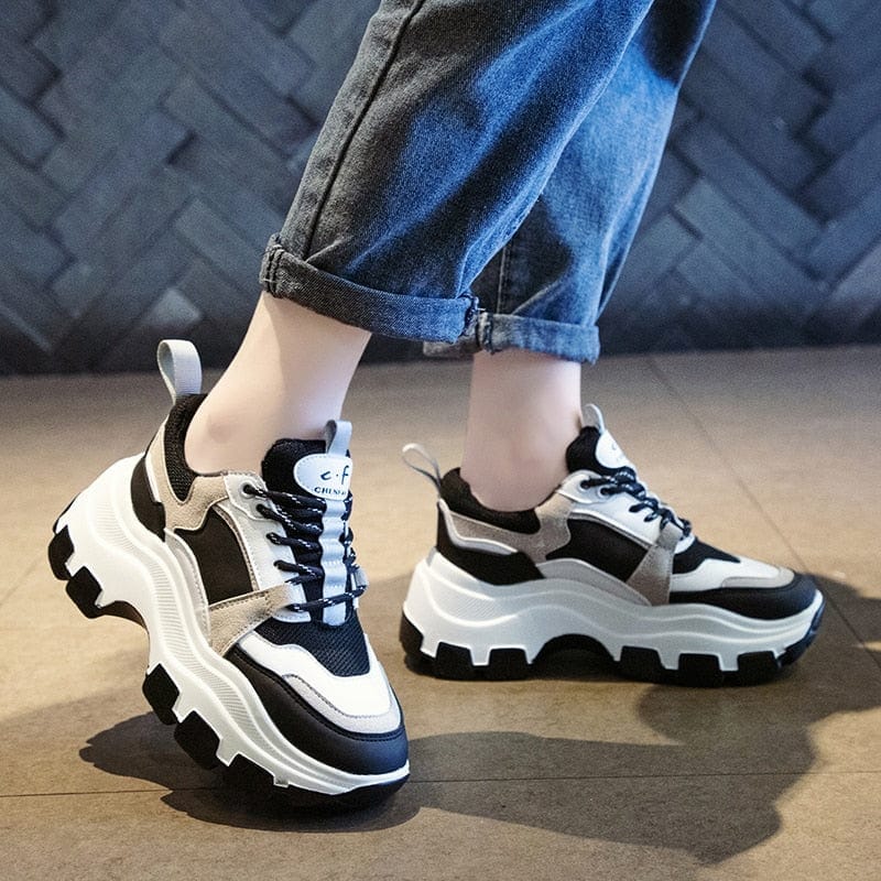 Women's Black White Chunky Platform Dad Sneakers 8cm