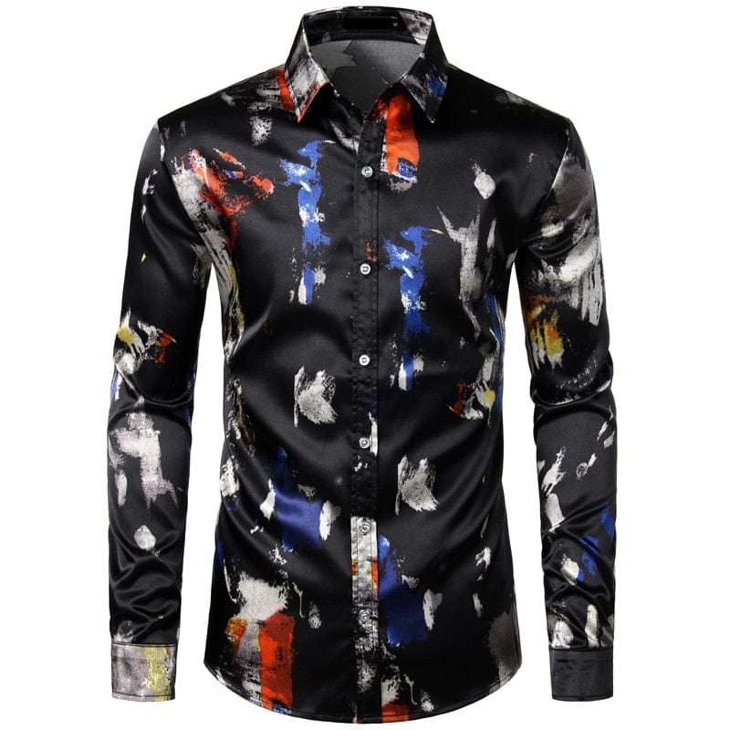 Men's Feather Print Satin Long Sleeve Button-Down Silk Shirt