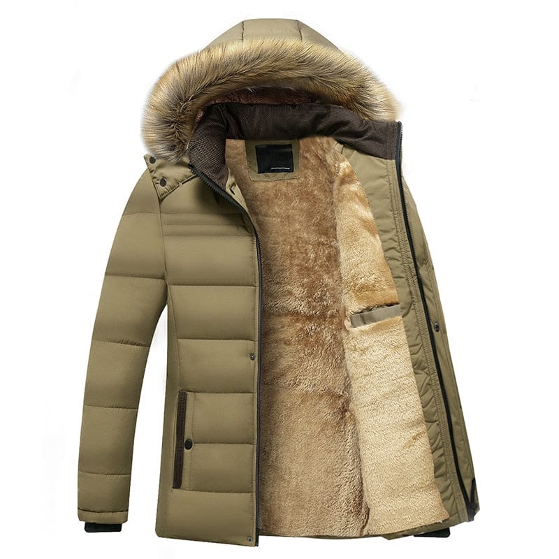 Men's Winter Waterproof Hooded Fur-Collar Fleece Parka Jacket