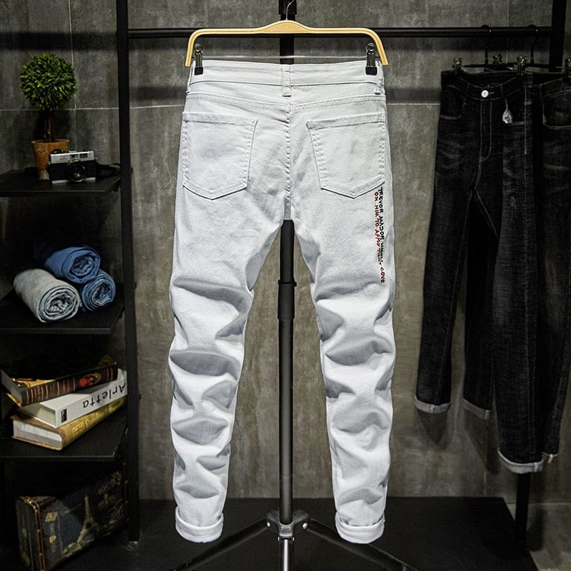Men's Embroidered Letter Skinny Ripped Zipper Denim Jeans