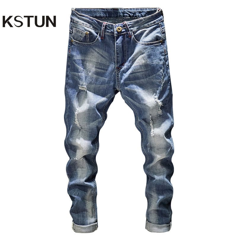 Men's Slim-Fit Light Blue Stretch Distressed Ripped Jeans