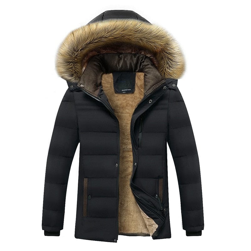 Men's Winter Waterproof Hooded Fur-Collar Fleece Parka Jacket