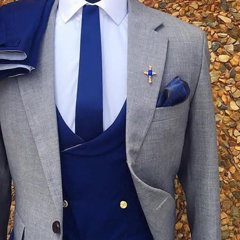Men's 3-Piece Gray Wedding Tuxedo Jacket, Royal Blue Pants, Waistcoat
