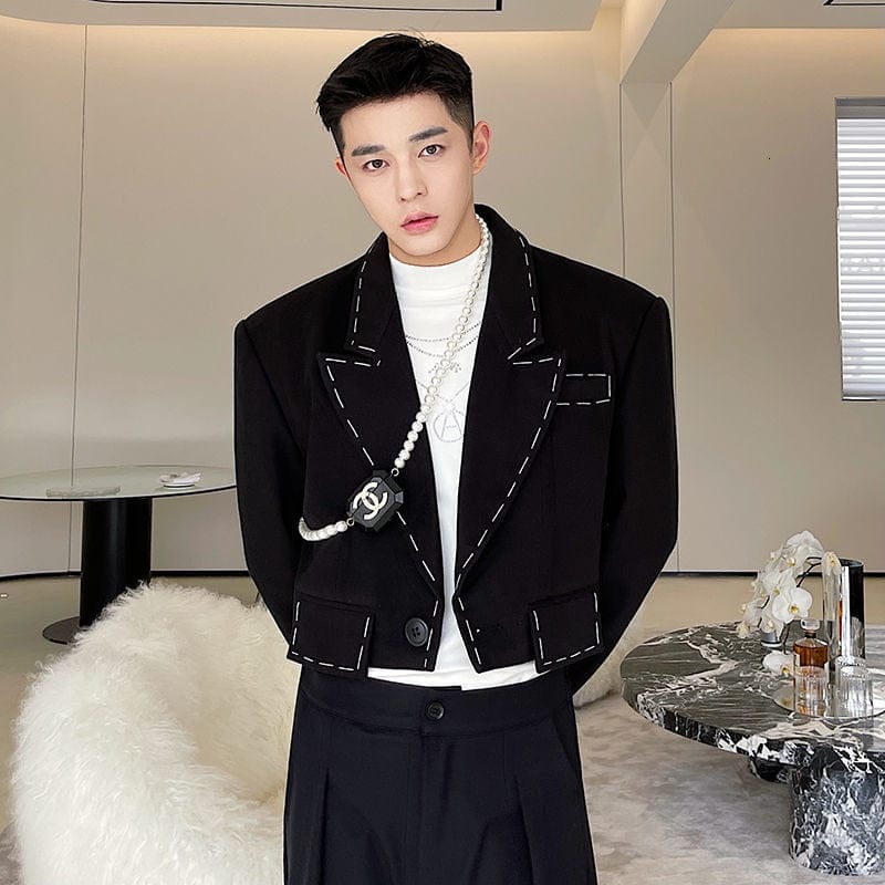 Men's Topstitched Loose Notched Woolen Suit Blazer
