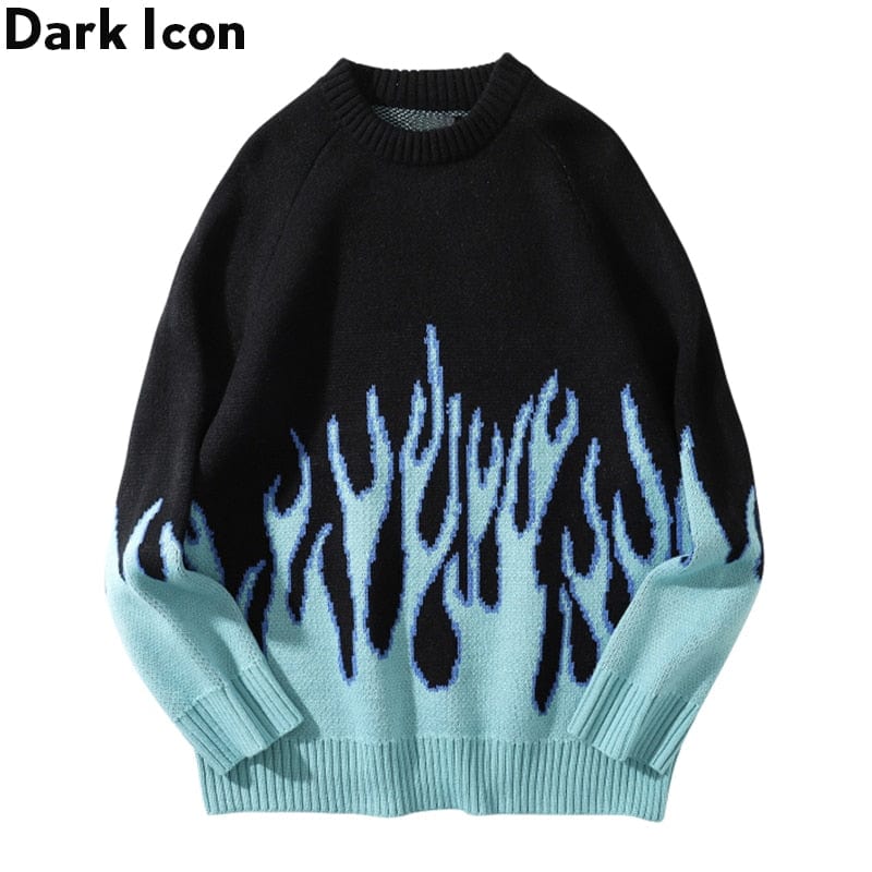 Men's Blue Flame Knit Pullover Streetwear Sweater