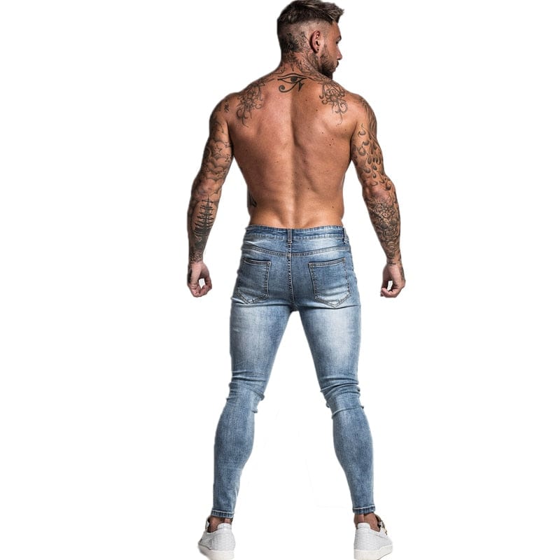 Men's Light Blue Distressed Super Skinny Stretch Jeans