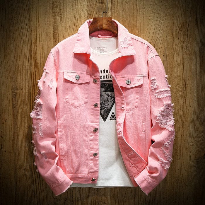 Men's Slim Fit Cotton Denim Jacket with Ripped Details