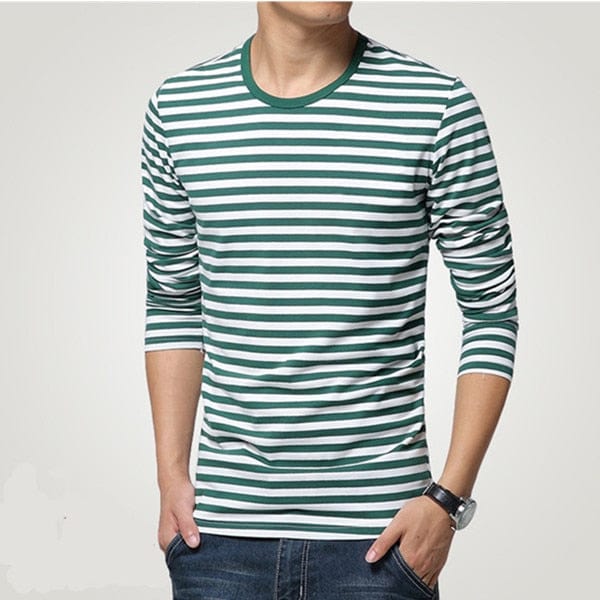Men's Navy Stripe Long Sleeve Cotton T-Shirt
