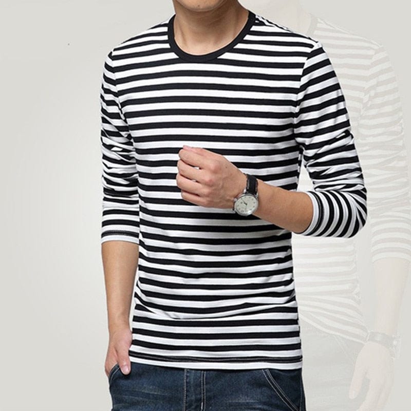 Men's Navy Stripe Long Sleeve Cotton T-Shirt