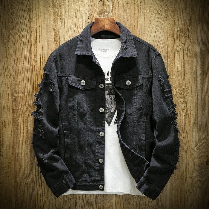 Men's Slim Fit Cotton Denim Jacket with Ripped Details