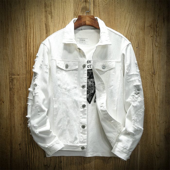 Men's Slim Fit Cotton Denim Jacket with Ripped Details
