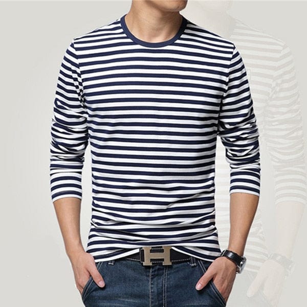 Men's Navy Stripe Long Sleeve Cotton T-Shirt