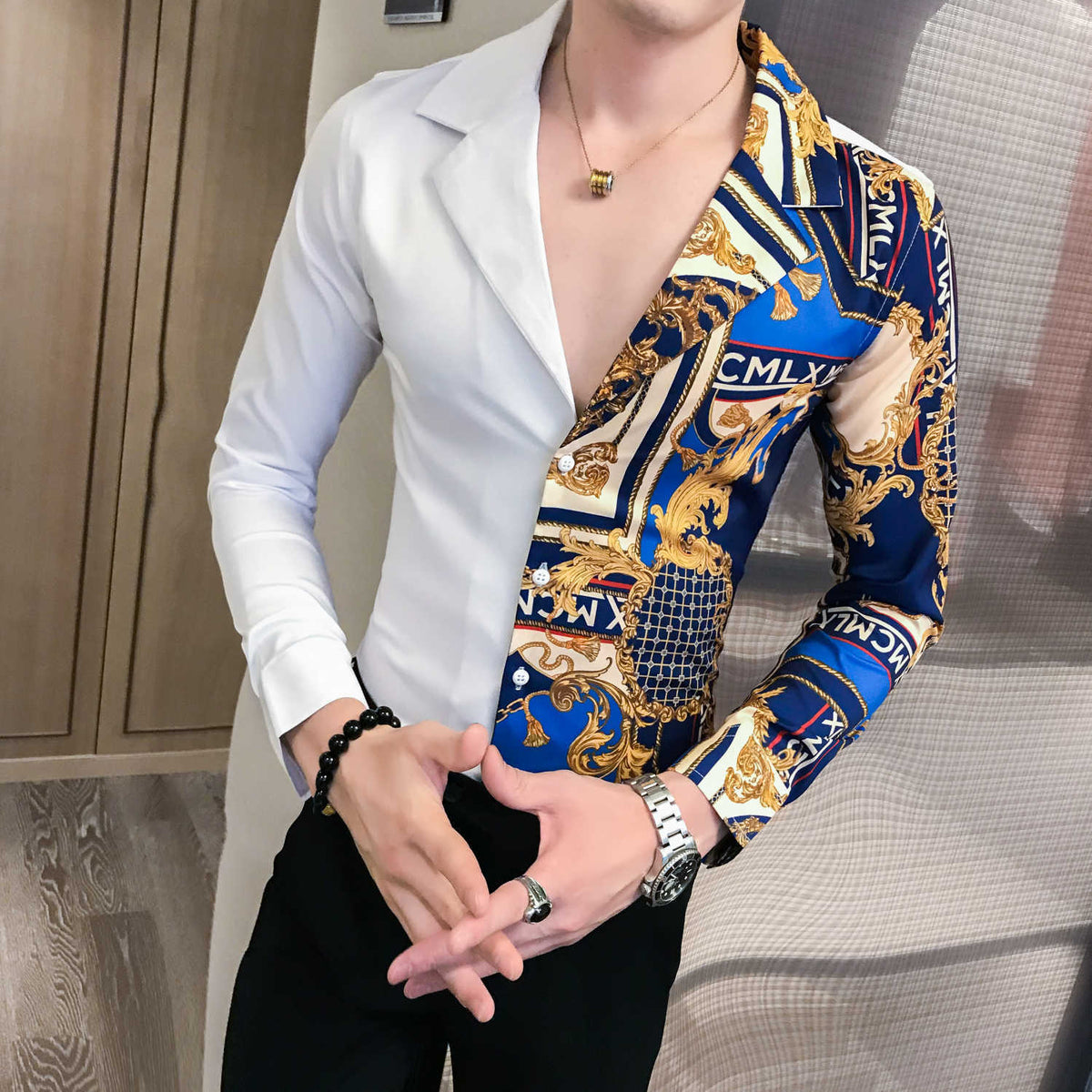 Men's Slim Fit Black Gold Print Long Sleeve Party Shirt