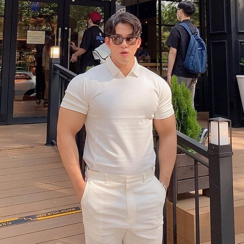 Men's Solid V-Neck Short-Sleeve Slim Fitness Polo Shirt