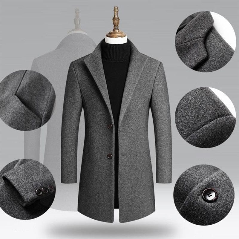 Men's Autumn Winter Wool-Blend Trench Coat, Turn-Down Collar Jacket