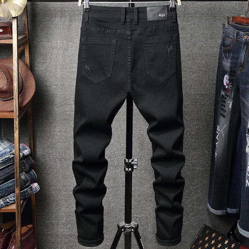 Men's Red Floral Embroidery Stretch Black Jeans