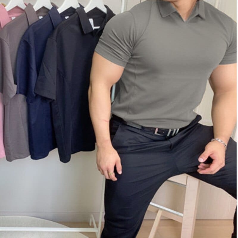 Men's Solid V-Neck Short-Sleeve Slim Fitness Polo Shirt