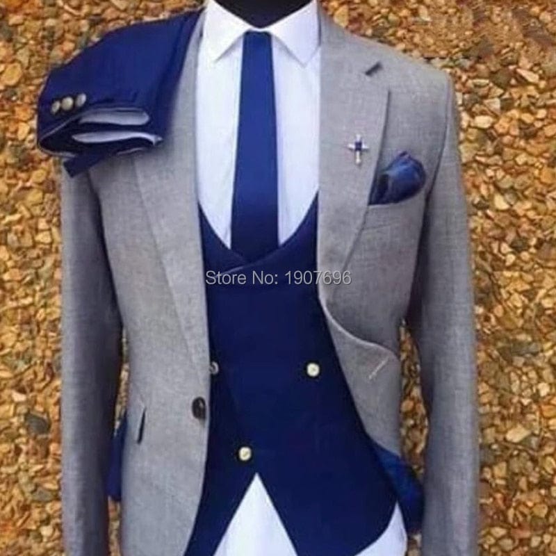 Men's 3-Piece Gray Wedding Tuxedo Jacket, Royal Blue Pants, Waistcoat