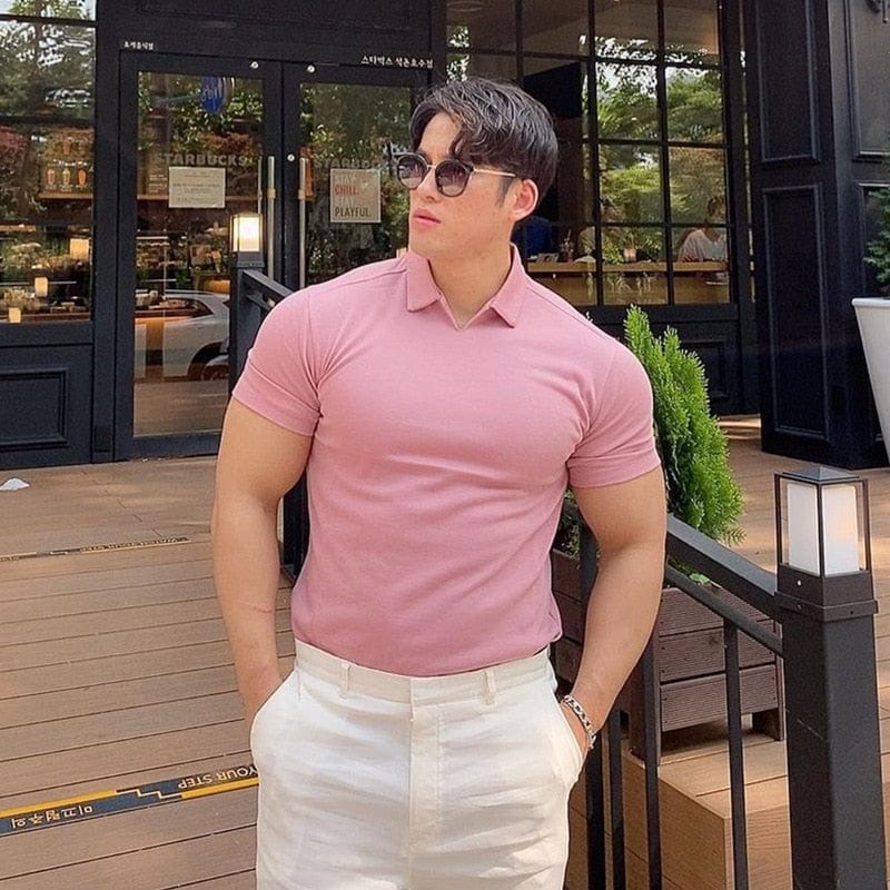 Men's Solid V-Neck Short-Sleeve Slim Fitness Polo Shirt
