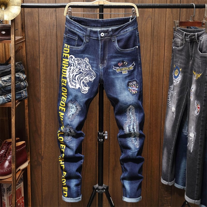 Men's Blue Biker Print Slim Fit Denim Skinny Jeans