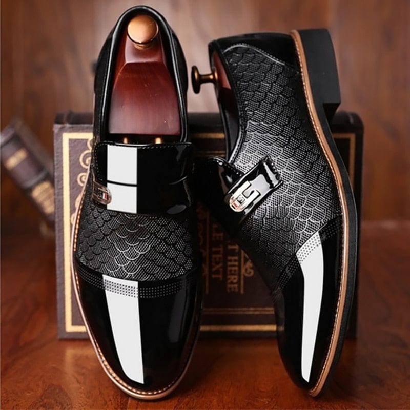 Men's Leather Embossed Non-Slip Wear-Resistant Black Dress Shoes