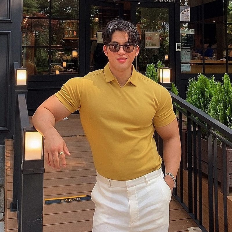 Men's Solid V-Neck Short-Sleeve Slim Fitness Polo Shirt