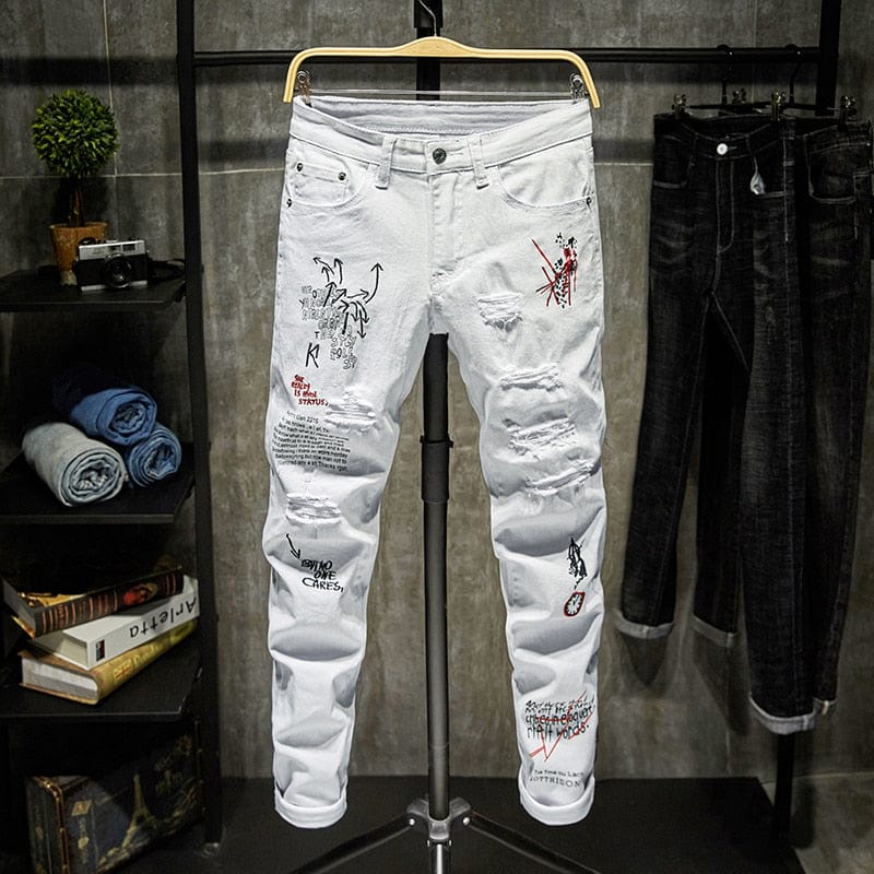 Men's Embroidered Letter Skinny Ripped Zipper Denim Jeans