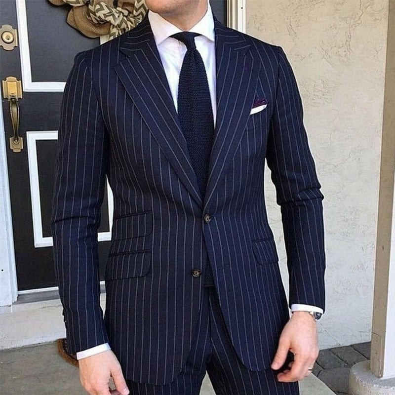 Men's Navy Pinstripe Slim-Fit 2-Piece Wedding Tuxedo Suit