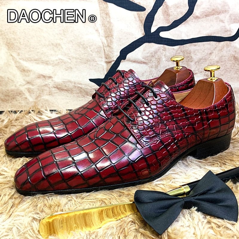 Luxus-Herrenschuhe aus echtem Leder in Rot und Schwarz, spitze geschnürte Derby-Oxford-Schuhe mit Prägemuster für Hochzeiten, fürs Büro und in der Freizeit