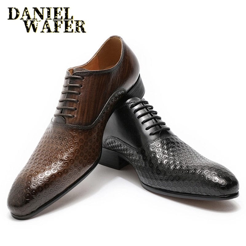 Men's Genuine Leather Geometric Print Pointed Oxford Shoes
