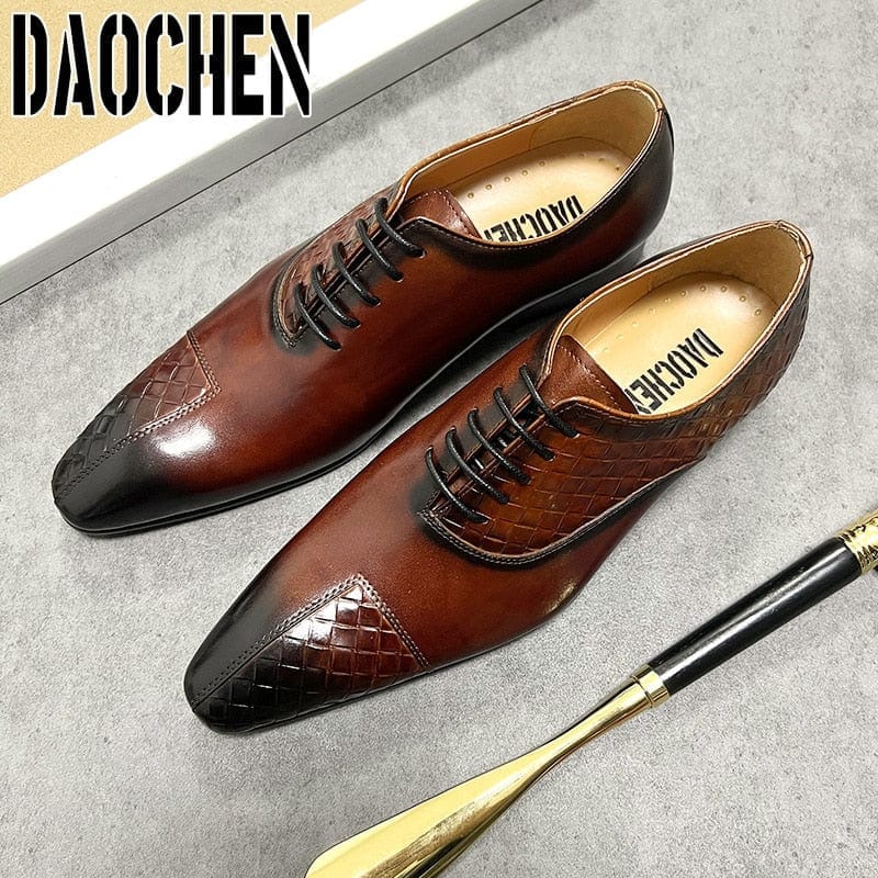 Men's Black Green Split-Toe Weave Print Leather Oxfords Wedding