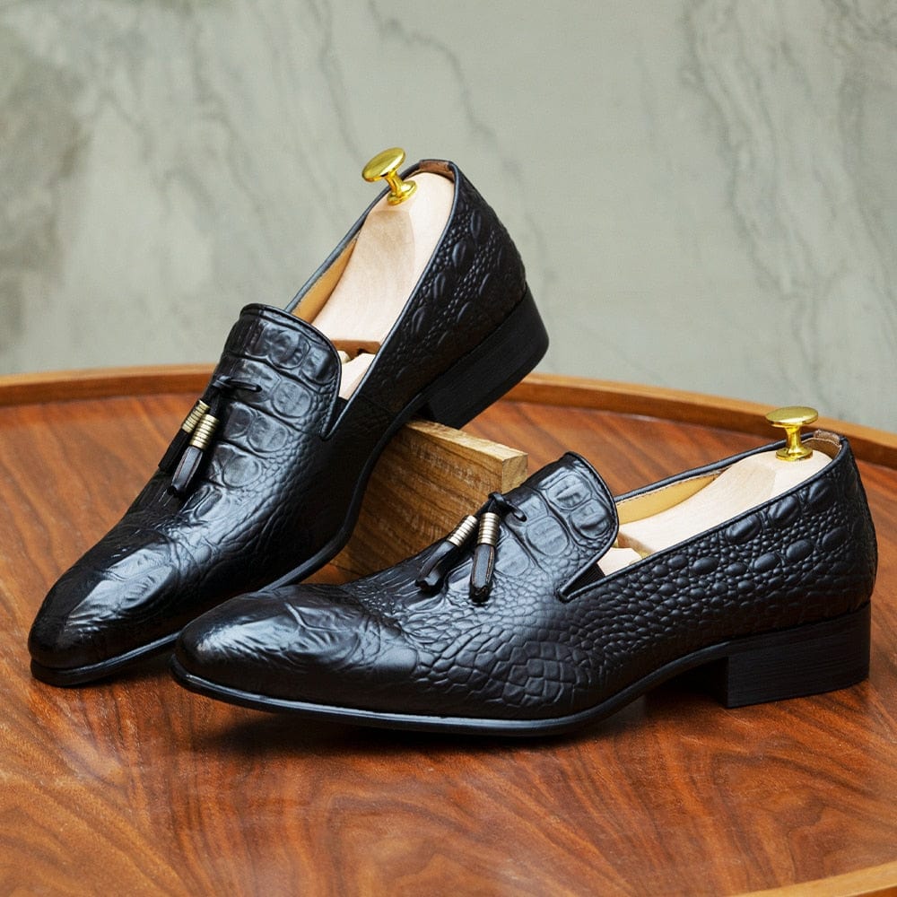 Men's crocodile print tassel loafers black colorway