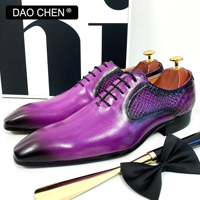 Men's Purple Black Snake Print Pointed Leather Oxford Dress Shoes