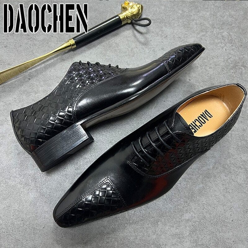 Men's Black Green Split-Toe Weave Print Leather Oxfords Wedding