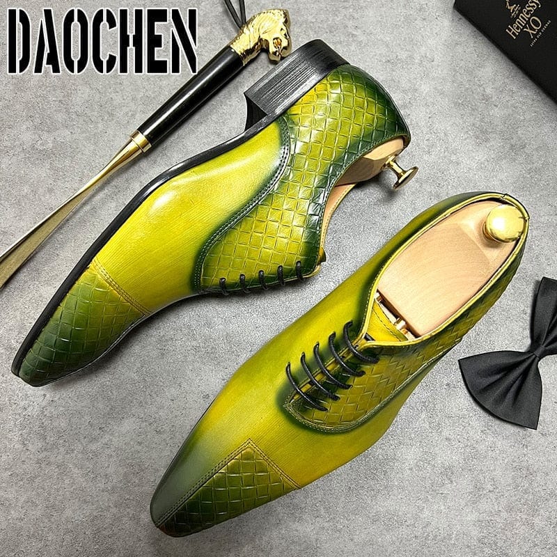 Men's Black Green Split-Toe Weave Print Leather Oxfords Wedding