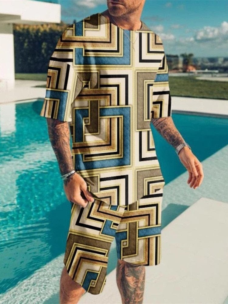 New Fashion Men's Suit Men's Print Suit Short Sleeve Summer Casual T-shirt Beach Two Piece Suit