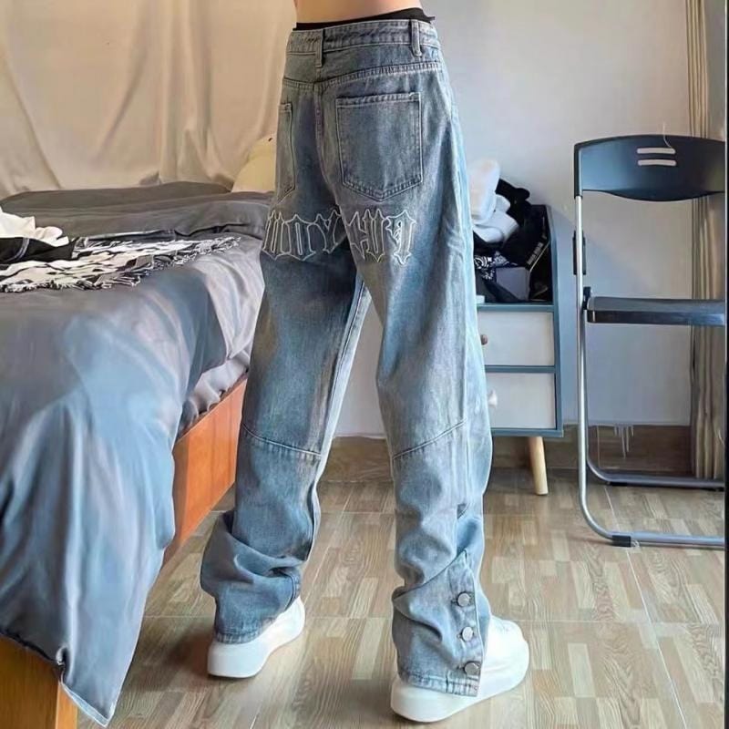 Men's Straight Loose Wide-Leg Embroidered Jeans